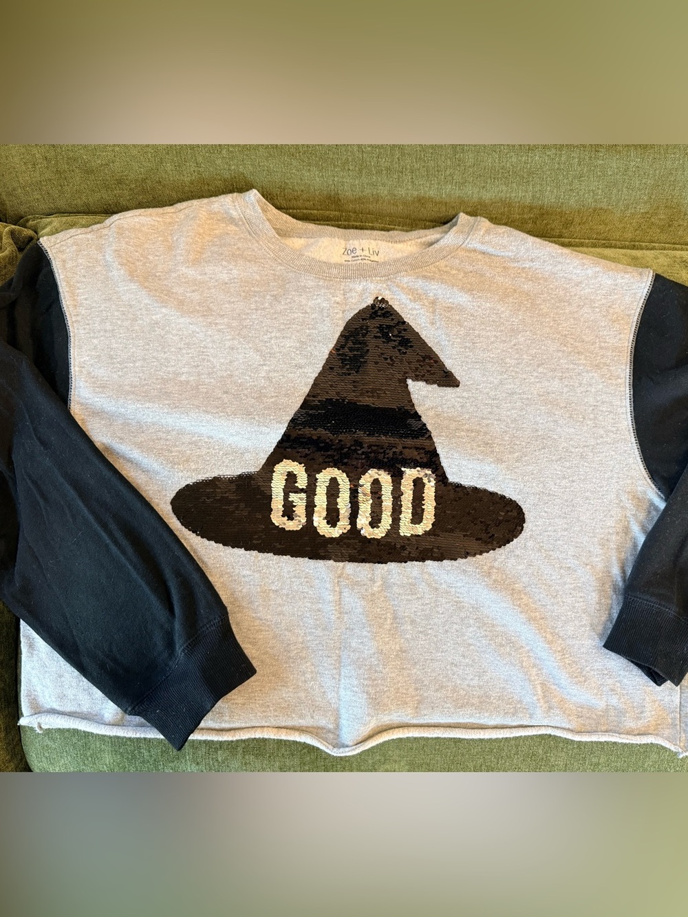 Zoe + Liv Gray Viral Sweatshirt with Black Sequin Witch Hat & "GOOD/BAD”